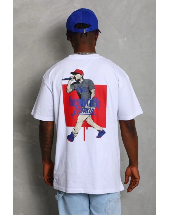 Oversize Baskılı Bisiklet Yaka T-Shirt - Beyaz -