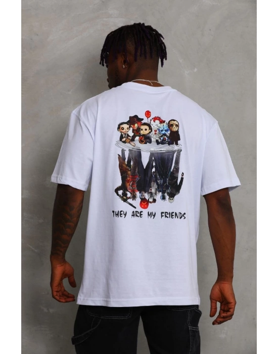 Oversize Baskılı Bisiklet Yaka T-Shirt - Beyaz -