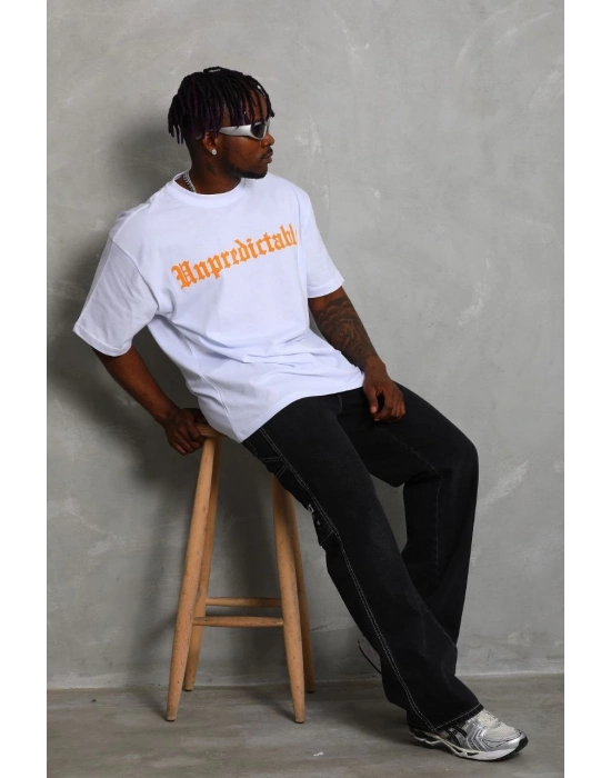 Oversize Baskılı Bisiklet Yaka T-Shirt - Beyaz -