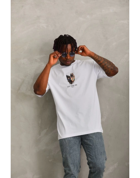 Oversize Baskılı Bisiklet Yaka T-Shirt - Beyaz -