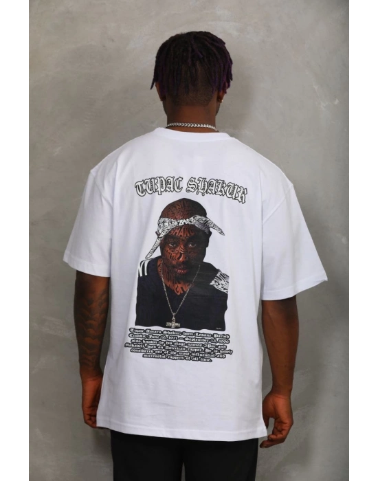 Oversize Baskılı Bisiklet Yaka T-Shirt - Beyaz -