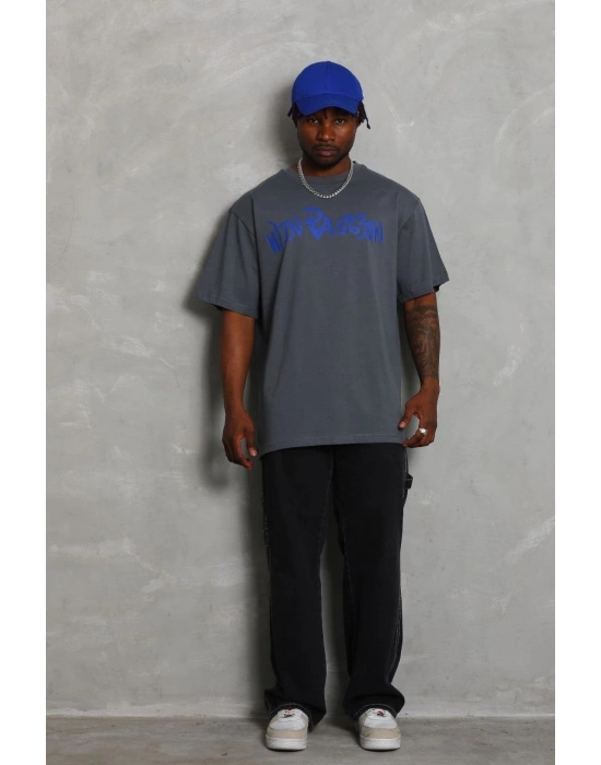 Oversize Baskılı Bisiklet Yaka T-Shirt - Füme -