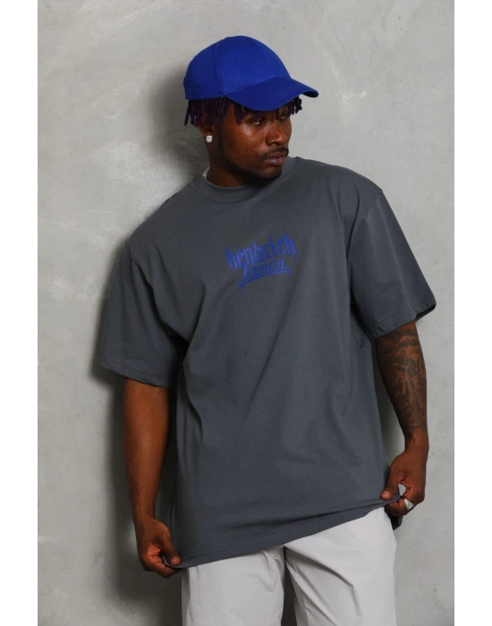 Oversize Baskılı Bisiklet Yaka T-Shirt - Füme -