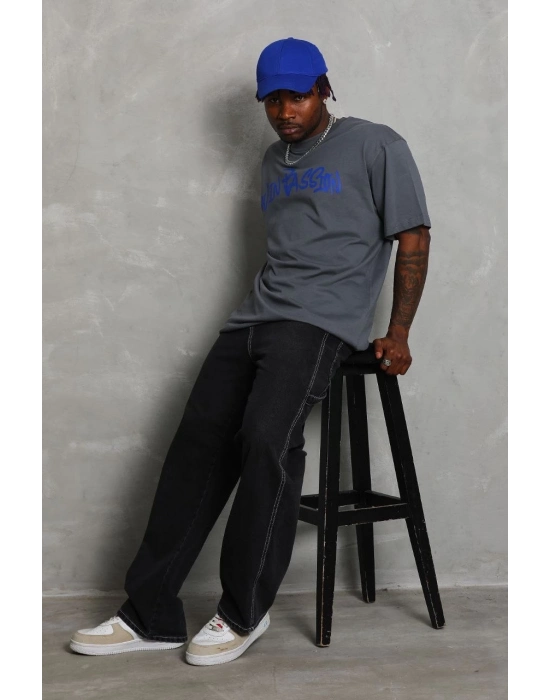 Oversize Baskılı Bisiklet Yaka T-Shirt - Füme -