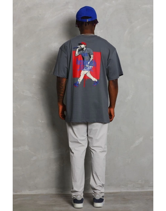 Oversize Baskılı Bisiklet Yaka T-Shirt - Füme -