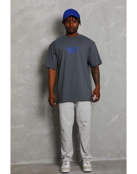 Oversize Baskılı Bisiklet Yaka T-Shirt - Füme -