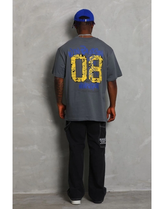 Oversize Baskılı Bisiklet Yaka T-Shirt - Füme -