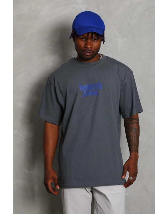 Oversize Baskılı Bisiklet Yaka T-Shirt - Füme -