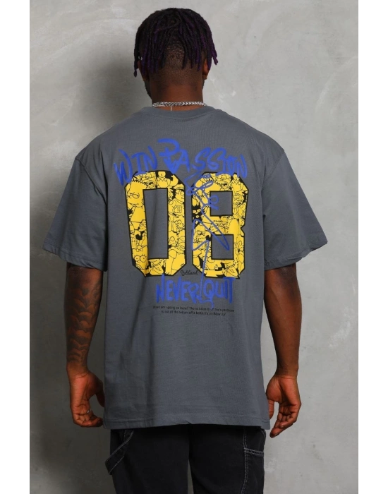 Oversize Baskılı Bisiklet Yaka T-Shirt - Füme -