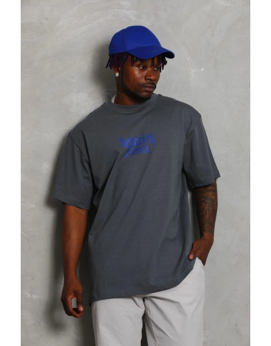 Oversize Baskılı Bisiklet Yaka T-Shirt - Füme -