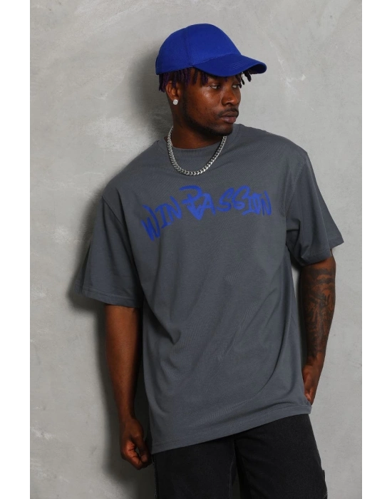 Oversize Baskılı Bisiklet Yaka T-Shirt - Füme -