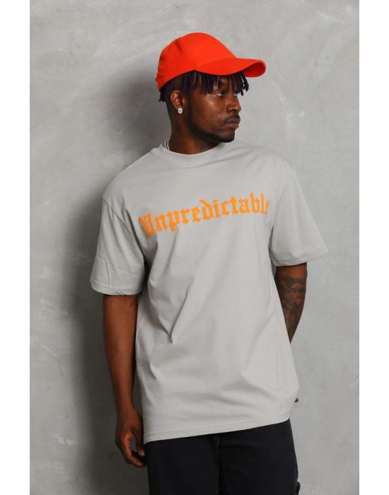 Oversize Baskılı Bisiklet Yaka T-Shirt - Gri -