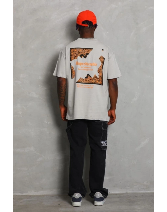 Oversize Baskılı Bisiklet Yaka T-Shirt - Gri -