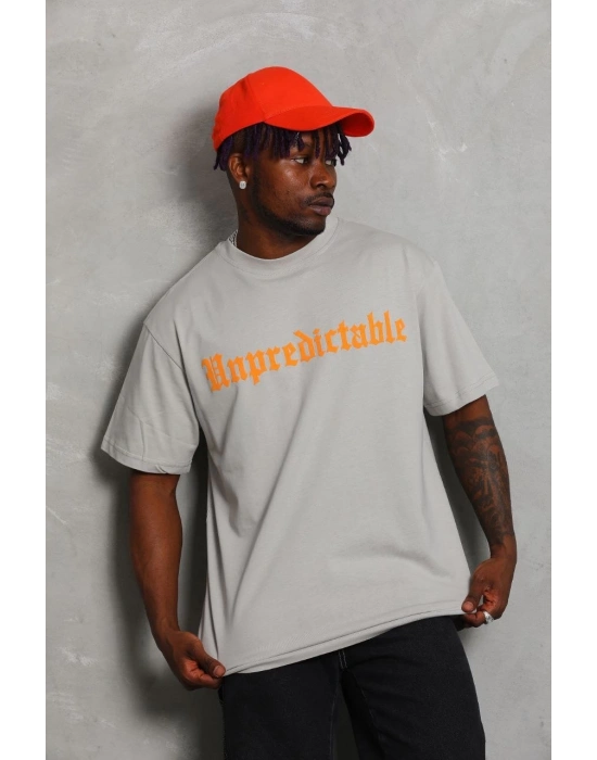 Oversize Baskılı Bisiklet Yaka T-Shirt - Gri -