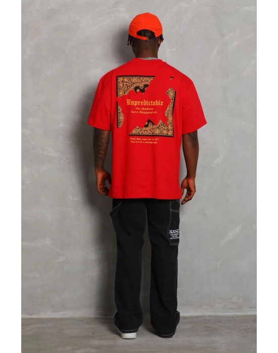 Oversize Baskılı Bisiklet Yaka T-Shirt - Kırmızı -