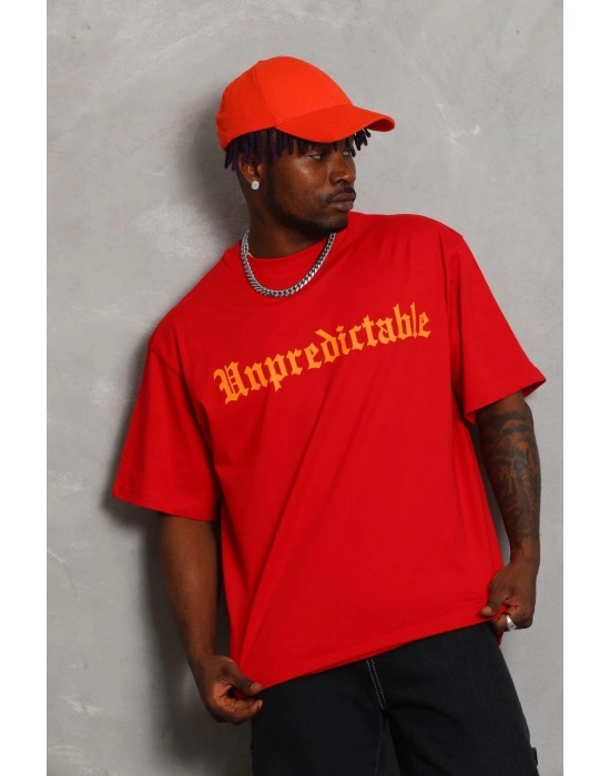 Oversize Baskılı Bisiklet Yaka T-Shirt - Kırmızı -