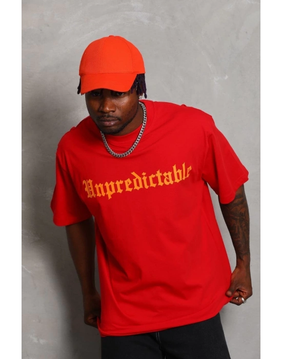 Oversize Baskılı Bisiklet Yaka T-Shirt - Kırmızı -