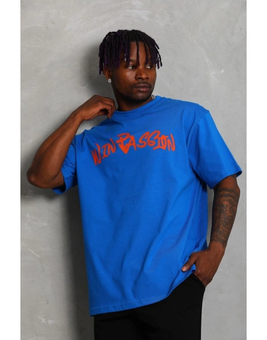 Oversize Baskılı Bisiklet Yaka T-Shirt - Mavi -