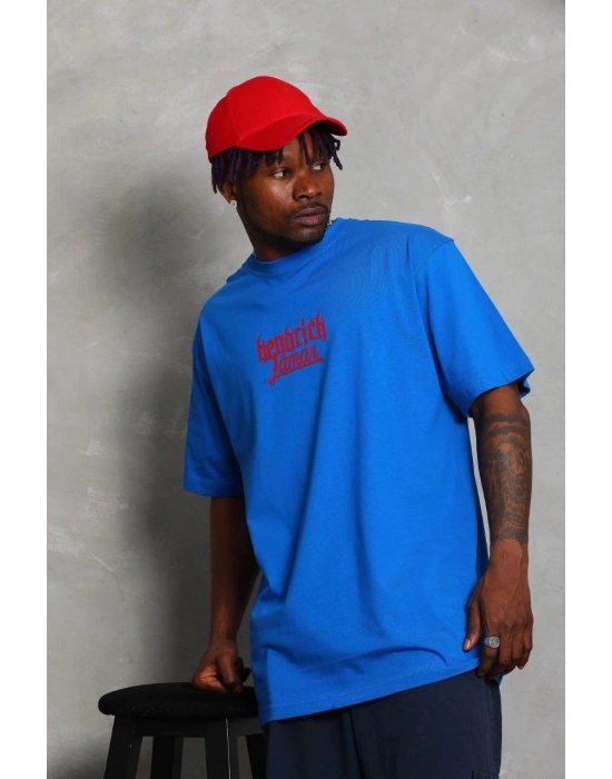 Oversize Baskılı Bisiklet Yaka T-Shirt - Mavi -