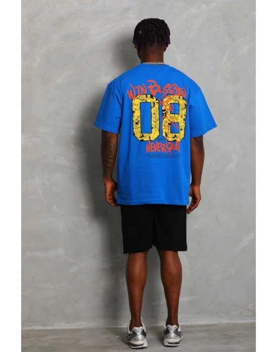 Oversize Baskılı Bisiklet Yaka T-Shirt - Mavi -