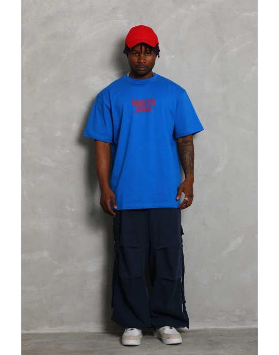 Oversize Baskılı Bisiklet Yaka T-Shirt - Mavi -