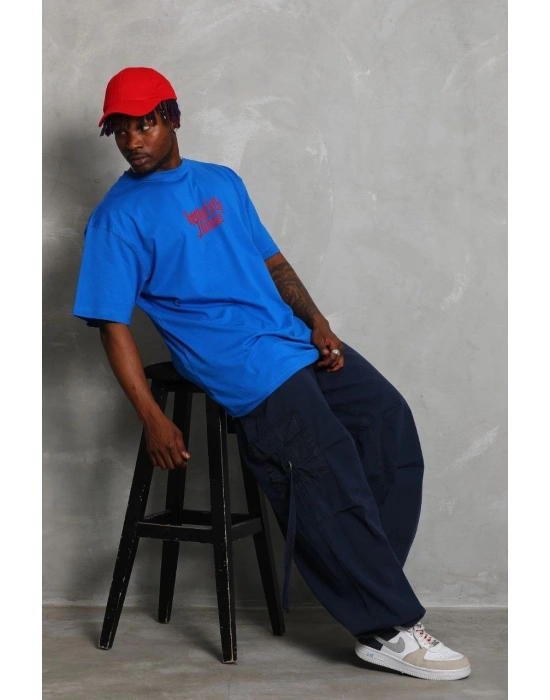 Oversize Baskılı Bisiklet Yaka T-Shirt - Mavi -