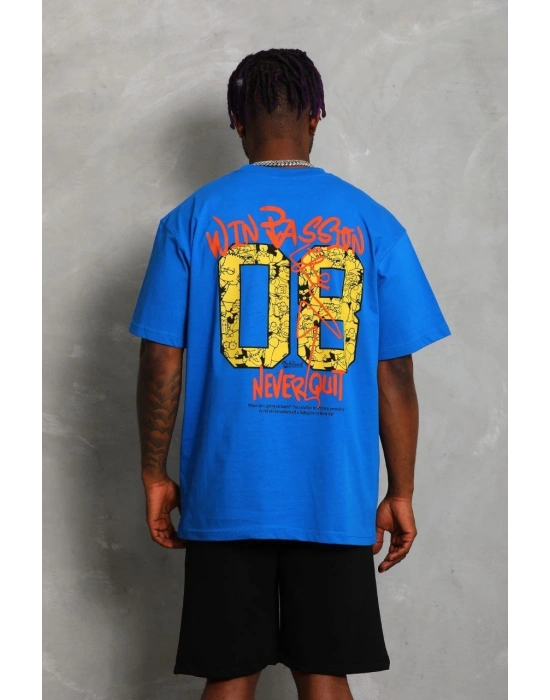 Oversize Baskılı Bisiklet Yaka T-Shirt - Mavi -