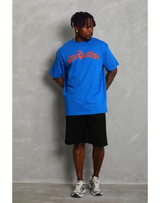 Oversize Baskılı Bisiklet Yaka T-Shirt - Mavi -