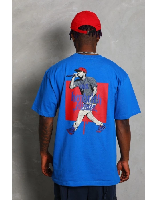 Oversize Baskılı Bisiklet Yaka T-Shirt - Mavi -