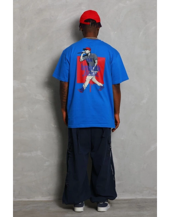 Oversize Baskılı Bisiklet Yaka T-Shirt - Mavi -