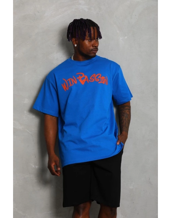 Oversize Baskılı Bisiklet Yaka T-Shirt - Mavi -