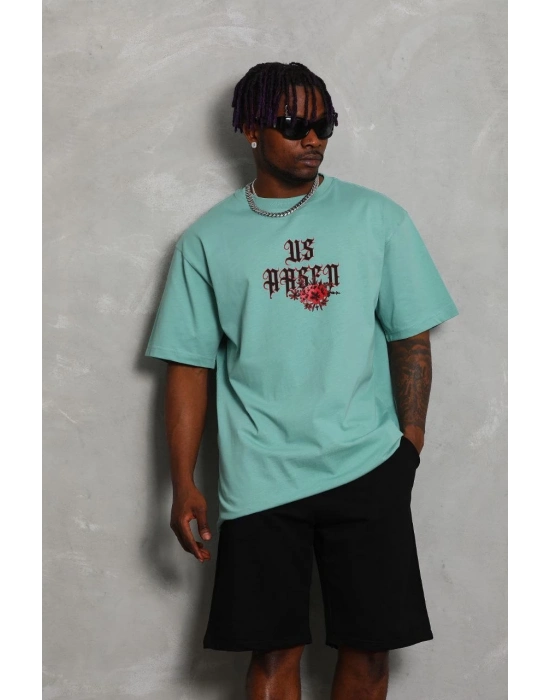 Oversize Baskılı Bisiklet Yaka T-Shirt - Mint Yeşili