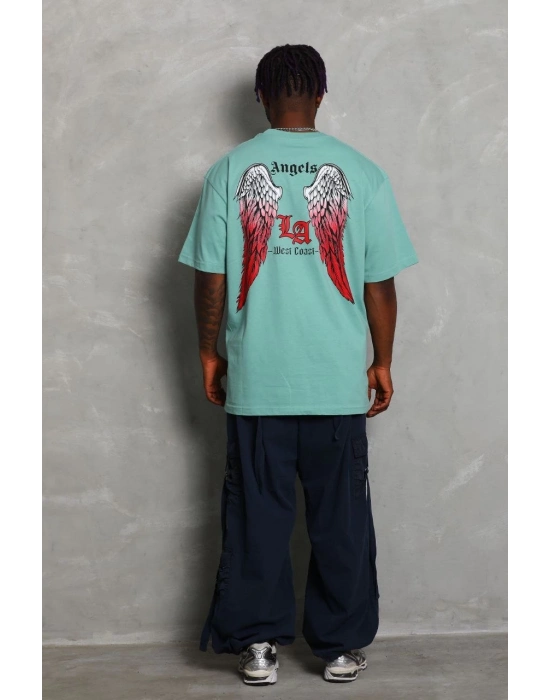 Oversize Baskılı Bisiklet Yaka T-Shirt - Mint Yeşili