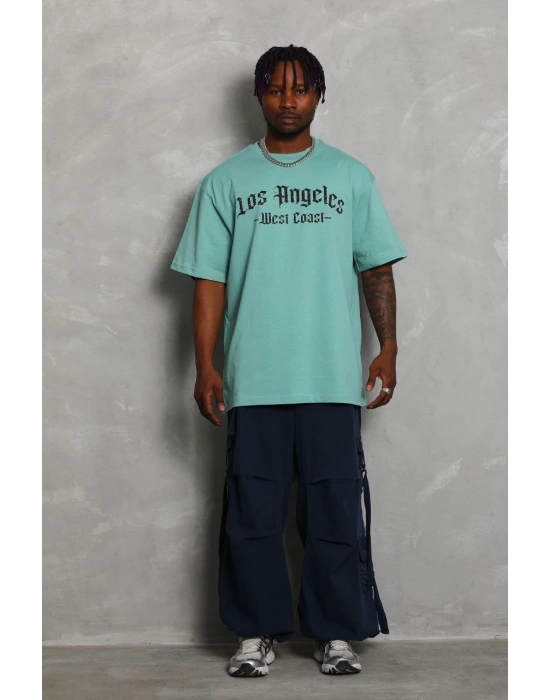 Oversize Baskılı Bisiklet Yaka T-Shirt - Mint Yeşili