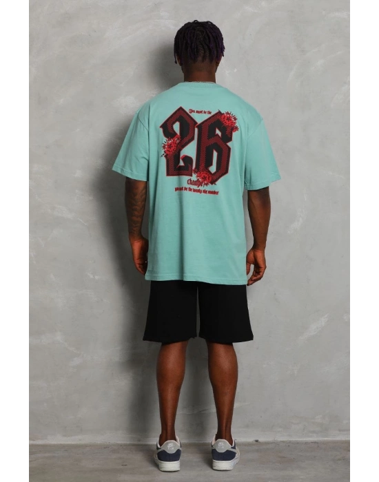 Oversize Baskılı Bisiklet Yaka T-Shirt - Mint Yeşili