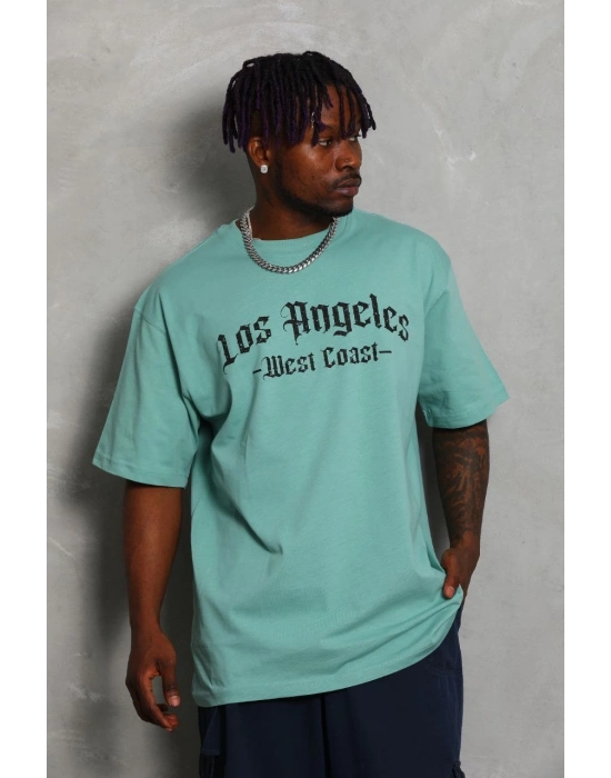 Oversize Baskılı Bisiklet Yaka T-Shirt - Mint Yeşili