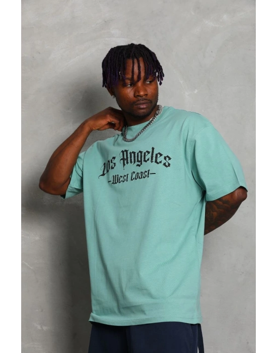 Oversize Baskılı Bisiklet Yaka T-Shirt - Mint Yeşili