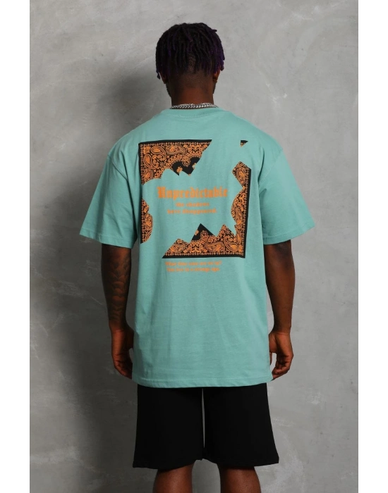 Oversize Baskılı Bisiklet Yaka T-Shirt - Mint Yeşili