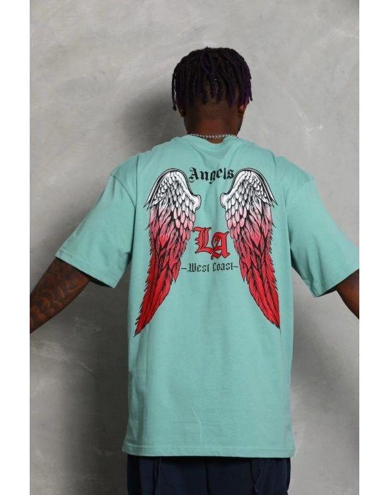 Oversize Baskılı Bisiklet Yaka T-Shirt - Mint Yeşili