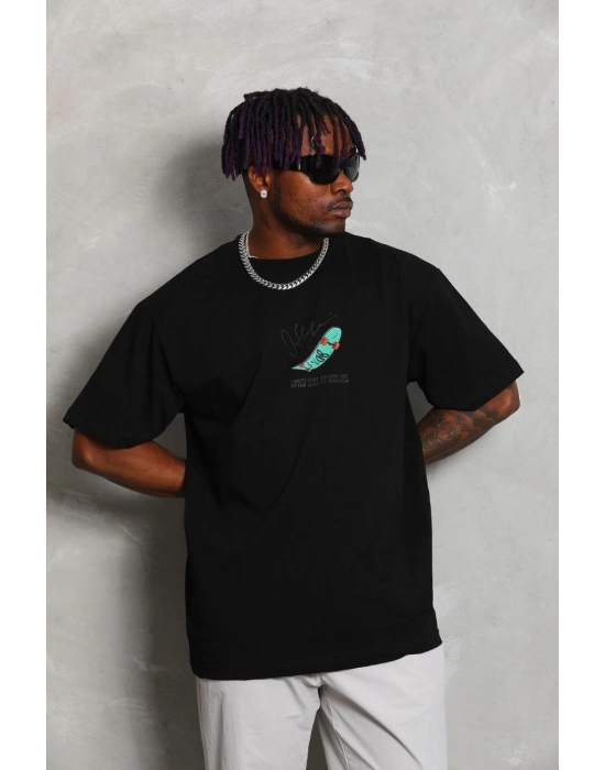 Oversize Baskılı Bisiklet Yaka T-Shirt - Siyah -