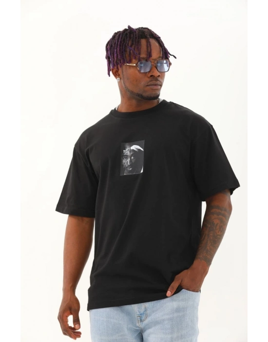 Oversize Baskılı Bisiklet Yaka T-Shirt - Siyah -