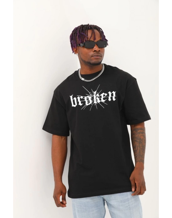 Oversize Baskılı Bisiklet Yaka T-Shirt - Siyah -