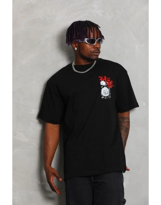 Oversize Baskılı Bisiklet Yaka T-Shirt - Siyah -