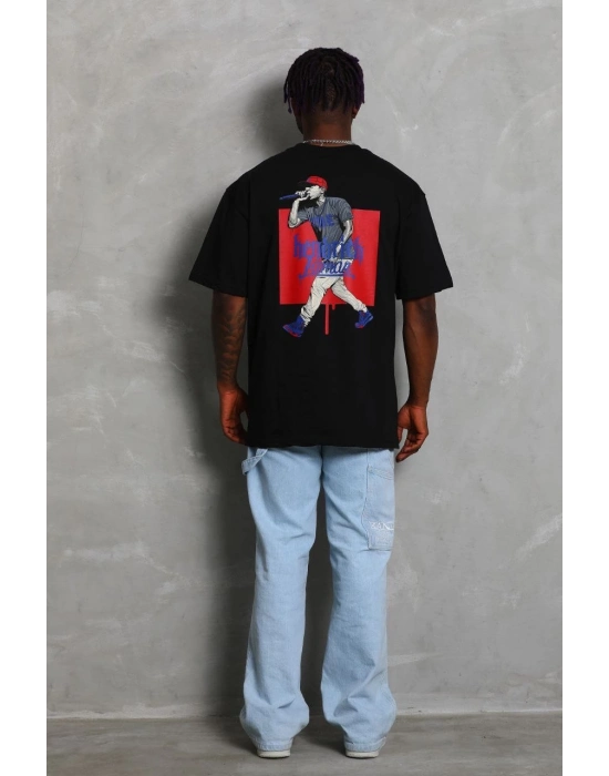 Oversize Baskılı Bisiklet Yaka T-Shirt - Siyah -