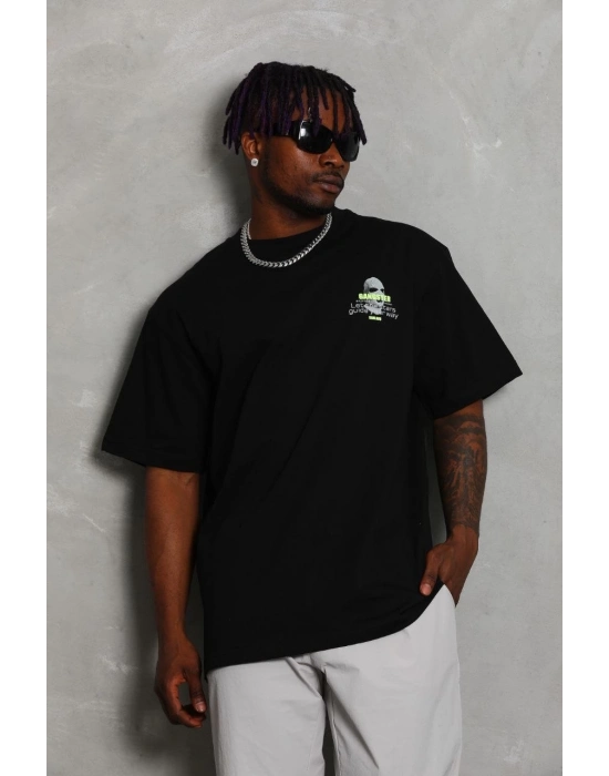 Oversize Baskılı Bisiklet Yaka T-Shirt - Siyah -
