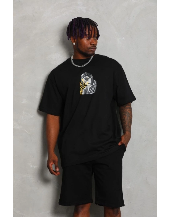 Oversize Baskılı Bisiklet Yaka T-Shirt - Siyah -