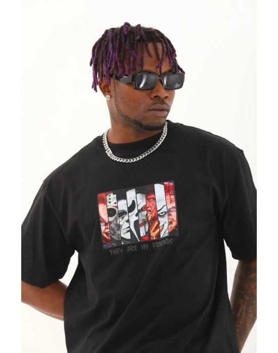 Oversize Baskılı Bisiklet Yaka T-Shirt - Siyah -