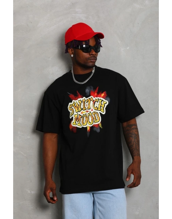 Oversize Baskılı Bisiklet Yaka T-Shirt - Siyah -