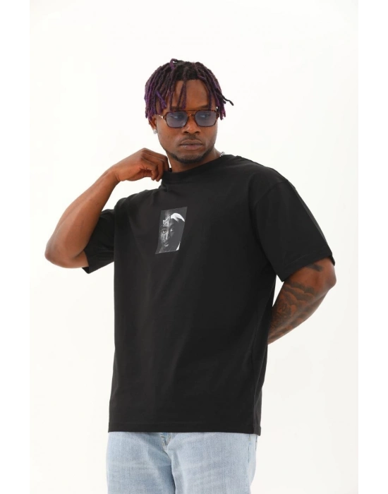 Oversize Baskılı Bisiklet Yaka T-Shirt - Siyah -
