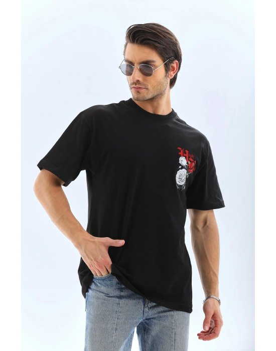 Oversize Baskılı Bisiklet Yaka T-Shirt - Siyah -